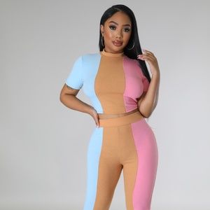 Pink Stylish Rib Knit Two-Piece Set: Casual Crop Top Stretchy High Waisted Leggi